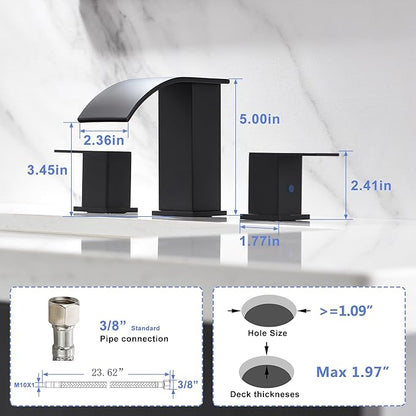 Black Waterfall Bathroom Faucet 3 Holes - 8Inch Widespread Bathroom Sink Faucet | Two Handles Modern Vanity Sink Faucets with Overflow Pop-up Drain & Supply Lines Matte Black Upgraded