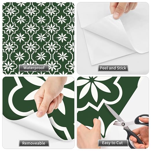 MORCART Peel and Stick Floor Tile, Vinyl Flooring Waterproof, DIY Flooring for Bathroom, Kitchen, Fireplace, Pet House, Stairs, Bedrooms, Wall (20PCS,7.87" x 7.87",FT1688 Dark Green+White)