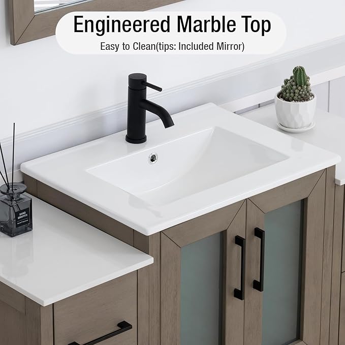HOMEBEYOND 48 Inch Modern Bathroom Vanity with Sink & Mirror, Single Vanity Cabinet with Basin and Mirror, Dove-Tailed Drawers, Soft-Closing Doors, Wood, Driftwood Gray
