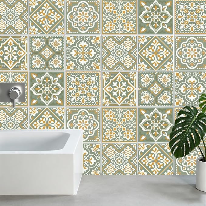 36Pcs 9 Styles Bohemian Peel and Stick Tile 4 x 4 Inch Ceramic Tile Decals Square Green Boho Style Waterproof PVC Decals for Kitchen Bathroom Backsplash Furniture Staircase DIY Home Decor