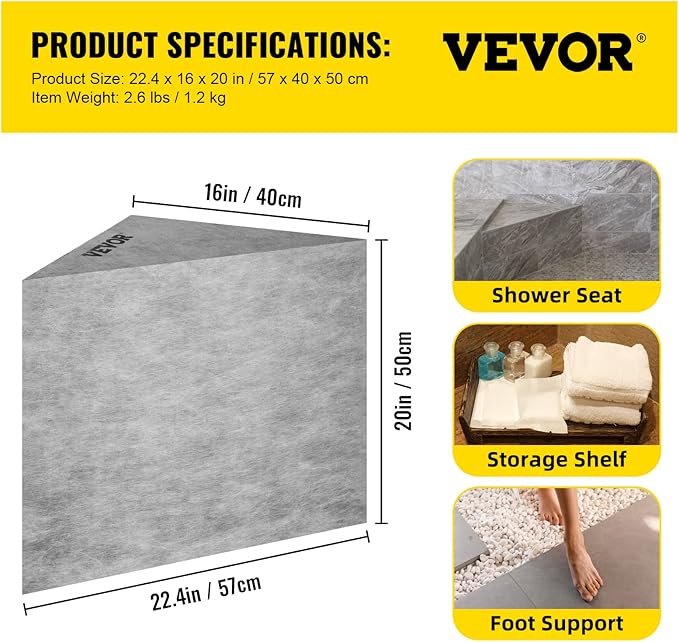 VEVOR Tile Shower Seat, 22.4" x 16" x 20" Ready to Tile Shower Seat, Factory Waterproof & 100% Leak Proof Tileable Shower Corner Seat, 440lbs Load-Bearing Triangular Board Shower Bench, Grey