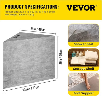 VEVOR Tile Shower Seat, 22.4" x 16" x 20" Ready to Tile Shower Seat, Factory Waterproof & 100% Leak Proof Tileable Shower Corner Seat, 440lbs Load-Bearing Triangular Board Shower Bench, Grey