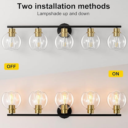 Bathroom Light Fixtures Over Mirror 5-Lights Bathroom Vanity Light with Clear Globe Glass Shade 37.4 inch Modern Black and Gold Vanity Lights Wall Sconce Lighting for Bath