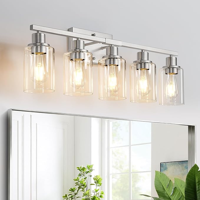 5-Light Bathroom Light Fixtures, Vanity Light with Clear Glass Shades, Brushed Nickel Bathroom Light Fixtures Over Mirror, Modern Bathroom Wall Lamp for Mirror Living Room Cabinet Bedroom