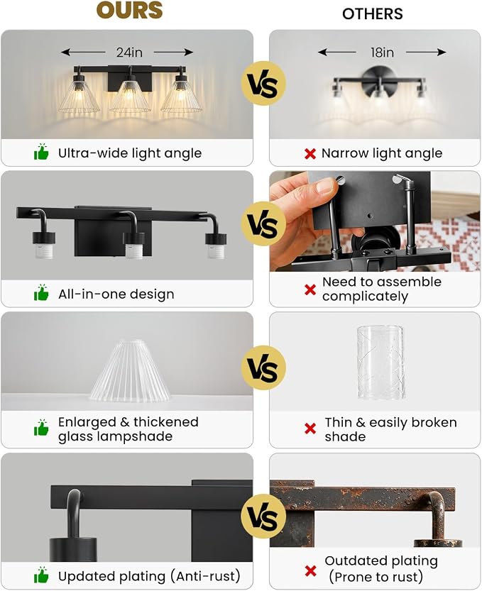 AIJIASI Modern Bathroom Light Fixtures Over Mirror 3-Light Black Vanity Lights for Bathroom with Ribbed Glass Shade 24 Inch Up/Down Mount Vanity Lighting Fixtures for Bath Bedroom Makeup