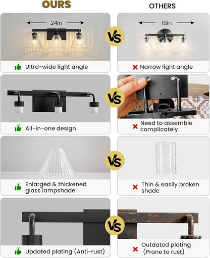 AIJIASI Modern Bathroom Light Fixtures Over Mirror 3-Light Black Vanity Lights for Bathroom with Ribbed Glass Shade 24 Inch Up/Down Mount Vanity Lighting Fixtures for Bath Bedroom Makeup