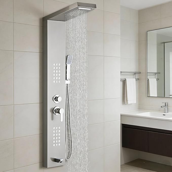 5-in-1 Shower Panel Tower System - Brushed Gray | 304 stainless steel Shower Panel Tower Column with Powerful Body Jets, Rainfall, Waterfall,Handheld and Tub Spout