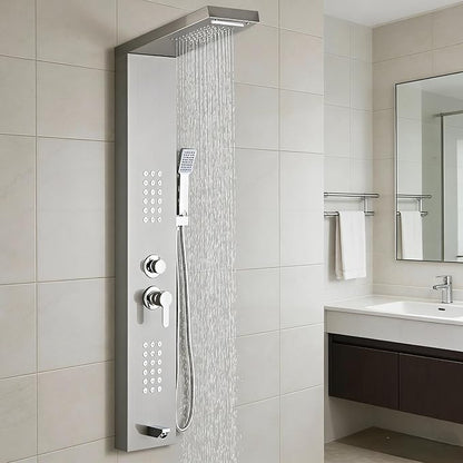 5-in-1 Shower Panel Tower System - Brushed Gray | 304 stainless steel Shower Panel Tower Column with Powerful Body Jets, Rainfall, Waterfall,Handheld and Tub Spout