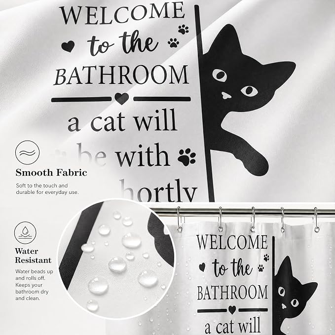 Funny Cat Shower Curtain, Fun Cartoon Black Cat Bath Curtain | 72x72 Inches, Waterproof Polyester Fabric, Welcome to the Bathroom Decor for Home Decorations, Includes 12 Hooks