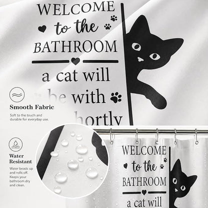 Funny Cat Shower Curtain, Fun Cartoon Black Cat Bath Curtain | 72x72 Inches, Waterproof Polyester Fabric, Welcome to the Bathroom Decor for Home Decorations, Includes 12 Hooks