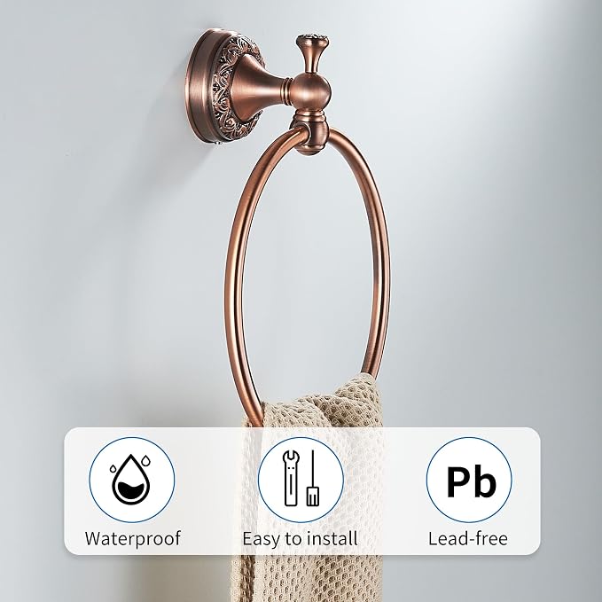 Red Copper Bath Towel Ring, Wall Mounted Black Bathroom Hardware Accessories, Pattern Carving Design