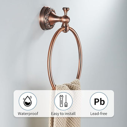 Red Copper Bath Towel Ring, Wall Mounted Black Bathroom Hardware Accessories, Pattern Carving Design