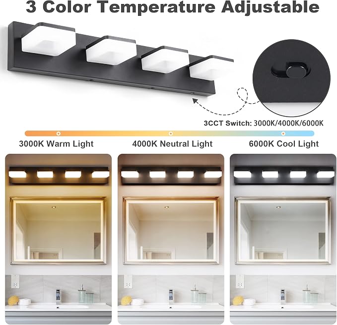 3 Colors Dimmable Black Vanity Lights for Bathroom, LED 4 Light Vanity Lighting Fixtures, Acrylic Stainless Steel Bathroom Light Fixtures over Mirror, Adjustable 3000K/4000K/6000K, 360° Rotate