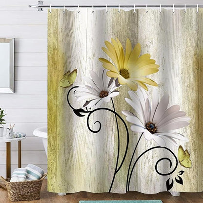 Onalasyc 4PCS Yellow Daisy Bathroom Sets with Shower Curtain and Rugs | Country Floral Butterfly Shower Curtain Set,Modern Bathroom Decor Shower Curtains Set with Rugs Toilet Lid Cover and 12 Hooks