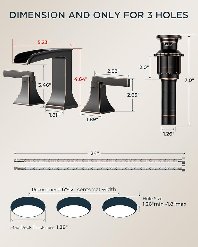 FORIOUS Antique Brass Waterfall Bathroom Faucets 3 Hole, 2 Handle Oil Rubbed Bronze Bathroom Sink Faucet Widespread with Metal Pop-up Drain and CUPC Supply Lines, for 4-16” Centerset Sink