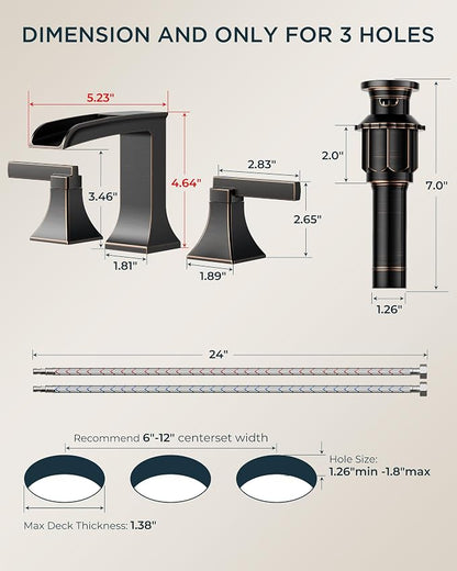 FORIOUS Antique Brass Waterfall Bathroom Faucets 3 Hole, 2 Handle Oil Rubbed Bronze Bathroom Sink Faucet Widespread with Metal Pop-up Drain and CUPC Supply Lines, for 4-16” Centerset Sink