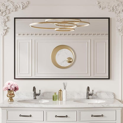 LOAAO 48"X30" Black Rectangle Bathroom Mirror Wall, Matte Black Aluminum Alloy Frame, Tempered Glass, Hangs Vertically or Horizontally, Easy to Install