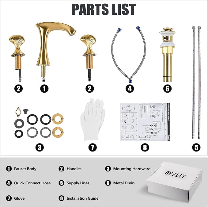 Brushed Gold Bathroom Faucet 3 Hole, 8 Inch Widespread Bathroom Sink Faucet for Vanity, 2 Handle Bathroom Faucets, Bathroom Vanity Faucet with Pop-Up Drain and Supply Hoses