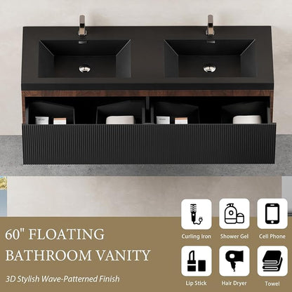 Floating Bathroom Vanity, 60" Wall Mounted Bathroom Cabinet with 2 Matte Black Quartz Sand Sinks & U-Shaped Soft-Close Drawers, Pre-Assembled Striped Storage Vanity for Bathroom, Walnut&Black