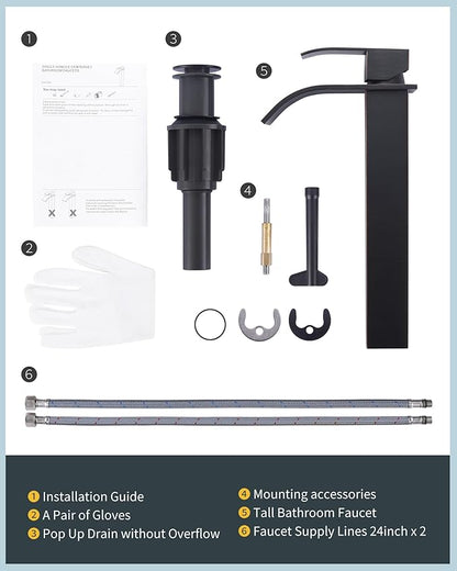 Vessel Sink Faucet Single Hole: ARCORA Oil Rubbed Bronze Tall Bathroom Faucet, Single Handle Tall Waterfall Bathroom Faucet with Pop Up Drain and cUPC Supply Lines