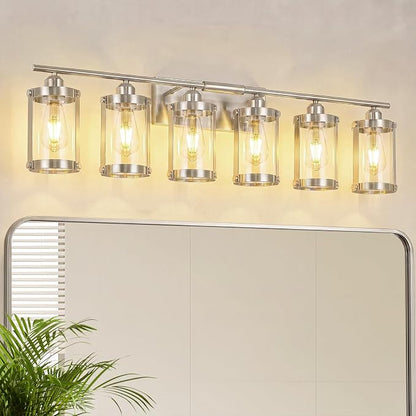 6-Light Brushed Nickel Bathroom Light Fixtures Over Mirror with Clear Glass and Metal Cage Shade, 42" UL-Listed Modern Farmhouse Wall Sconce for Bath, Hardwire E26, OS-3014BN-6W