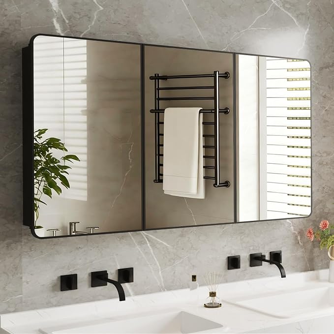 Medicine Cabinet Mirror 60x32 Inch, Triple-Door Bathroom Mirror Cabinet with Glass Adjustable Shelves, 3-Compartment Bathroom Mirror with Storage Recessed or Wall Mount