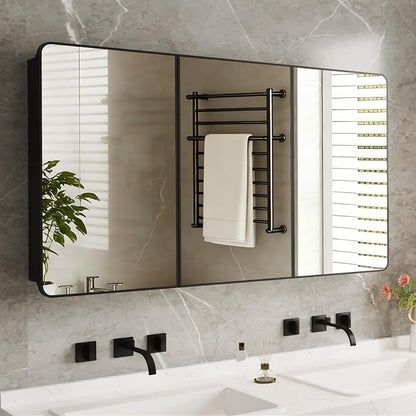 Medicine Cabinet Mirror 60x32 Inch, Triple-Door Bathroom Mirror Cabinet with Glass Adjustable Shelves, 3-Compartment Bathroom Mirror with Storage Recessed or Wall Mount