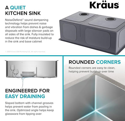 Kraus Kitchen Sinks Undermount - 32 Inch Stainless Steel Kitchen Sink, 60/40 Double Bowl, 16 Gauge, Model KHU103-32