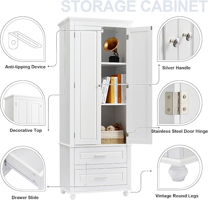 Merax 62.5" Pantry Cabinet with Two Doors & Two Drawers, Adjustable Shelves Storage Cupboard for Kitchen/Dining Room/Bathroom, White