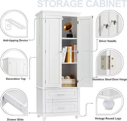 Merax 62.5" Pantry Cabinet with Two Doors & Two Drawers, Adjustable Shelves Storage Cupboard for Kitchen/Dining Room/Bathroom, White