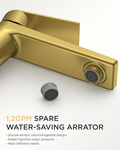 FORIOUS Gold Bathroom Faucet 1 Hole, Single Hole Brushed Gold Bathroom Faucet Single Handle with 1.2 GPM Water-Saving Aerator, Pop Up Drain and Hose, Modern Restroom Sink Tap with Deck Plate, Vanity