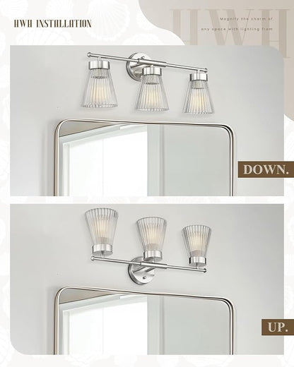 HWH INVESTMENT 3-Light Bathroom Vanity Light, Brushed Nickel, 5HZG97B-3W BN | 24.1-Inch Hardwired Wall Light with Clear Striped Glass; 3 E26 Bulbs, Max 60W Each; Bulbs Not Included