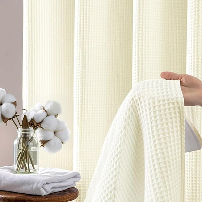 River Dream Cotton Blend Fabric Shower Curtain Set with Liner, Cream, 54x80 | Waffle Weave, No Hook Needed, with Snap in Replacement Liner, Top Sheer Window, Hotel Quality Fabric for Bathroom