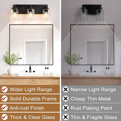 3-Light Matte Black Bathroom Vanity Light, Clear Glass Shade | 18.8" Wall Mount Over Mirror Lighting Fixtures, Durable Metal, Modern Farmhouse Style, for Bathroom, Bedroom, Easy To Install