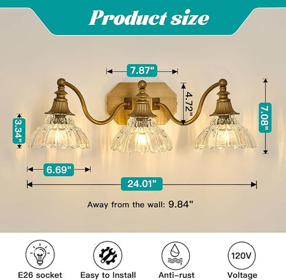 hesoge Vintage Bathroom Light Fixture Brushed Gold Vanity Light with Crystal Glass Shade Antique Brass 3 Light Bathroom Light Over Mirror