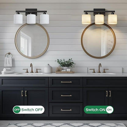 PARTPHONER Bathroom Light Fixtures, Bathroom Lighting Fixtures Over Mirror, Interior Classic Vanity Lights, Modern Vanity Light with Textured White Glass Shade, Matte Black, 3-Light