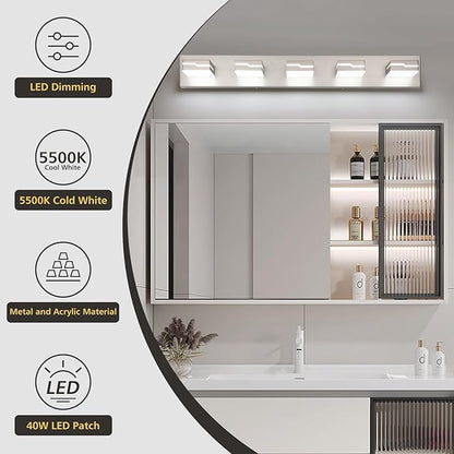 LED Modern Bathroom Vanity Light Fixtures 5-Light, 32 inch Dimmable Nickel Vanity Lights for Bathroom Lighting Fixtures Over Mirror, with 350°Rotatable Acrylic Heads(White Light 5500K)