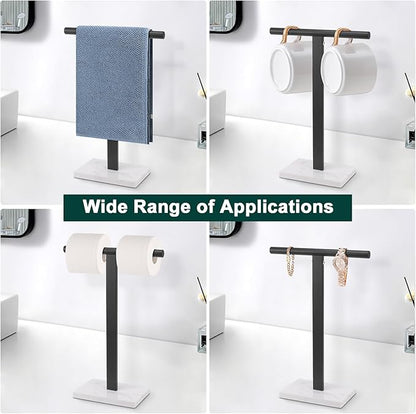 Hand Towel Holder, T-Shape Hand Towel Stand for Bathroom, Hand Towel Rack Bar Standing for Vanity Kitchen Countertop, 304 Stainless Steel, Marble Base (Black)