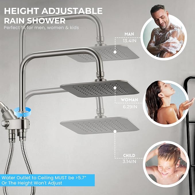 Dual Shower Head Combo, 8'' High Pressure Rain Shower Head with Handheld Spray, 6+1 Spray Settings Handheld Showerhead, Height Adjustable, One-touch Pause Button, Brushed Nickel