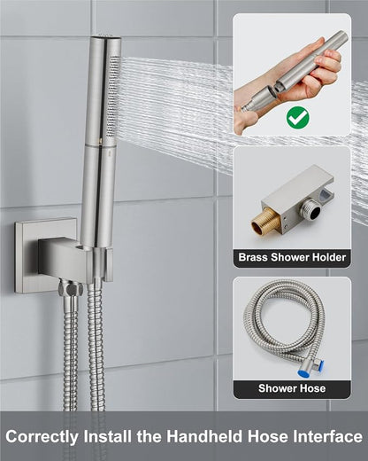 Aolemi Shower System with Tub Spout and Valve Brushed Nickel | 10-Inch Square Wall Mounted Rainfall Shower Head and Handheld,3-Function Bathtub Shower Faucet Set