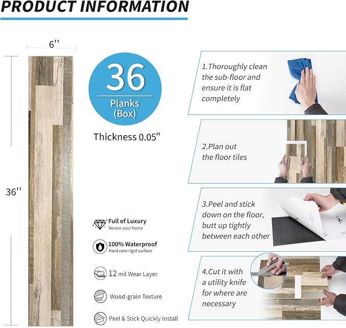Art3d Wood Texture Peel and Stick Vinyl Floor Planks, 36-Pack, Aged Wood | Cover 54 sq.ft, Waterproof, Self-Adhesive, Scratch Resistant, Premium Vinyl, Ideal for Bedroom, Living Room, Kitchen, RV