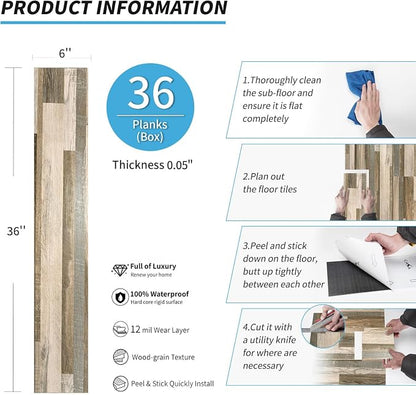 Art3d Wood Texture Peel and Stick Vinyl Floor Planks, 36-Pack, Aged Wood | Cover 54 sq.ft, Waterproof, Self-Adhesive, Scratch Resistant, Premium Vinyl, Ideal for Bedroom, Living Room, Kitchen, RV