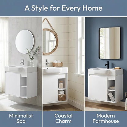 24" Bathroom Vanity with Sink, Wall-Mounted Cabinet, Glossy White | Ceramic Sink, Soft-Close Door & 2 Open Storage Shelves, Modern Farmhouse Sink Cabinet, Easy to Clean for Small Bathroom