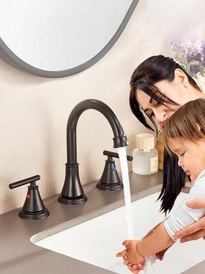 Fransiton Black 8 Inch Widespread Bathroom Sink Faucet 3 Hole, Bathroom Vanity Faucet with Metal Pop-up Drain Assembly, 2 Handle Basin Supply Hoses