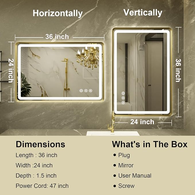 24''x36'' Gold Framed LED Bathroom Mirror with Lights, Built-in Bluetooth Speaker, Dimmable Lighted Bathroom Vanity Mirror with 3 Colors, Backlit + Frontlit, Memory Function, Anti-Fog