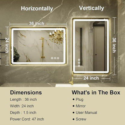 24''x36'' Gold Framed LED Bathroom Mirror with Lights, Built-in Bluetooth Speaker, Dimmable Lighted Bathroom Vanity Mirror with 3 Colors, Backlit + Frontlit, Memory Function, Anti-Fog