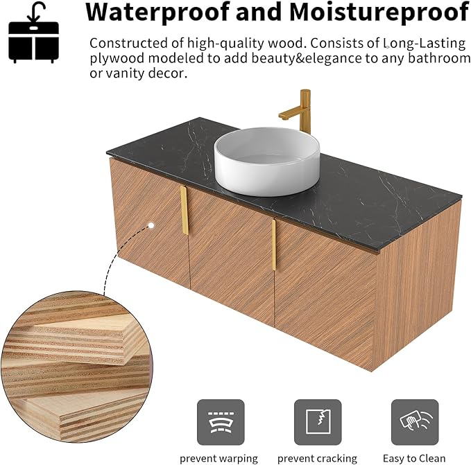LKTART 48 Inch Bathroom Vanity with Sink, Modern Wall Mounted Bathroom Sink with 3 Doors, Black Sintered Stone Countertop and White Round Ceramic Basin