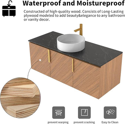 LKTART 48 Inch Bathroom Vanity with Sink, Modern Wall Mounted Bathroom Sink with 3 Doors, Black Sintered Stone Countertop and White Round Ceramic Basin
