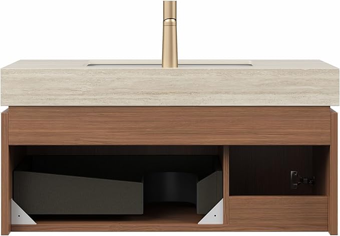 Bathroom Vanity with Sink 36 Inch, Floating Bathroom Vanity Sink Cabinet with Drawer and Door, Undermount Sink & Travertine-Pattern Sintered Stone Top, Pre-Assembled, Brown Oak