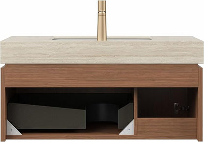 Bathroom Vanity with Sink 36 Inch, Floating Bathroom Vanity Sink Cabinet with Drawer and Door, Undermount Sink & Travertine-Pattern Sintered Stone Top, Pre-Assembled, Brown Oak